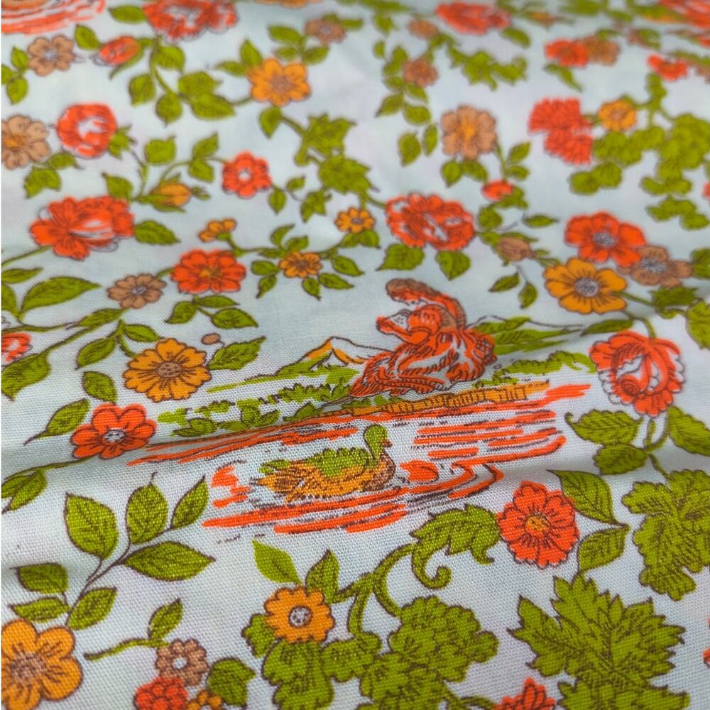 Vintage 70's Floral Fabric Green and Orange 2.72 yards